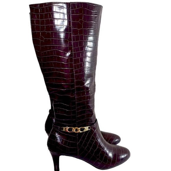Karen Scott Womens Hanna Brown Croc Dress Wide Calf Knee High 7.5 - Picture 1 of 10
